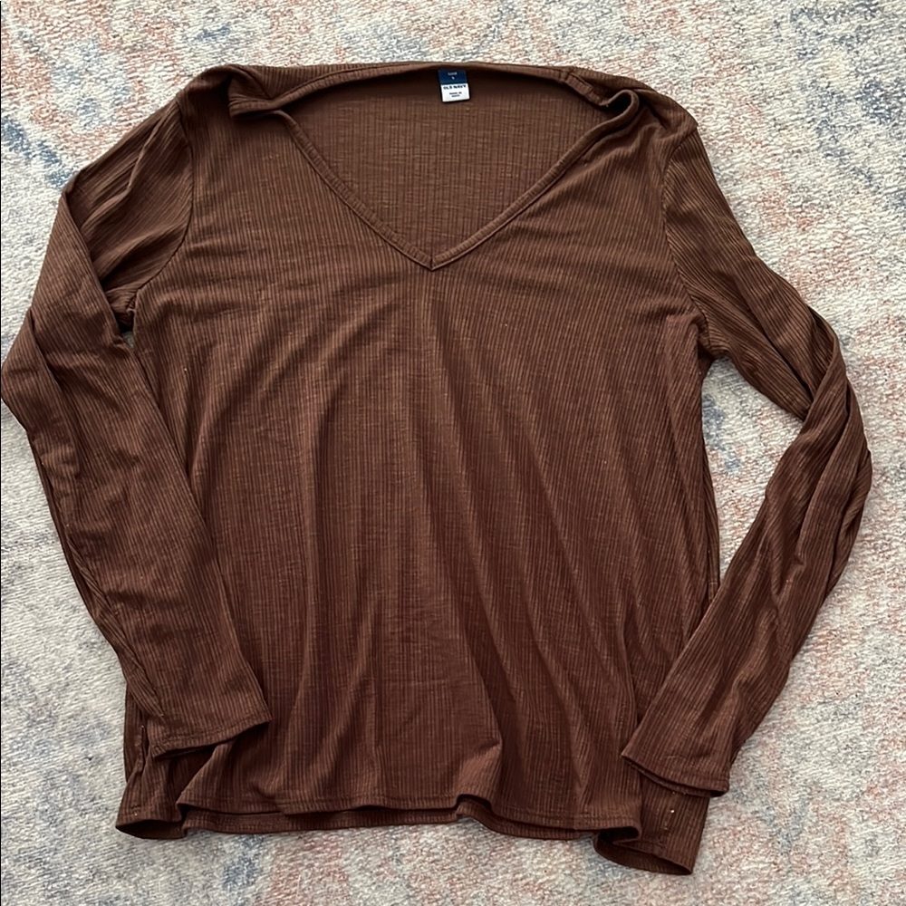 Brown V-Neck Long Sleeve Top